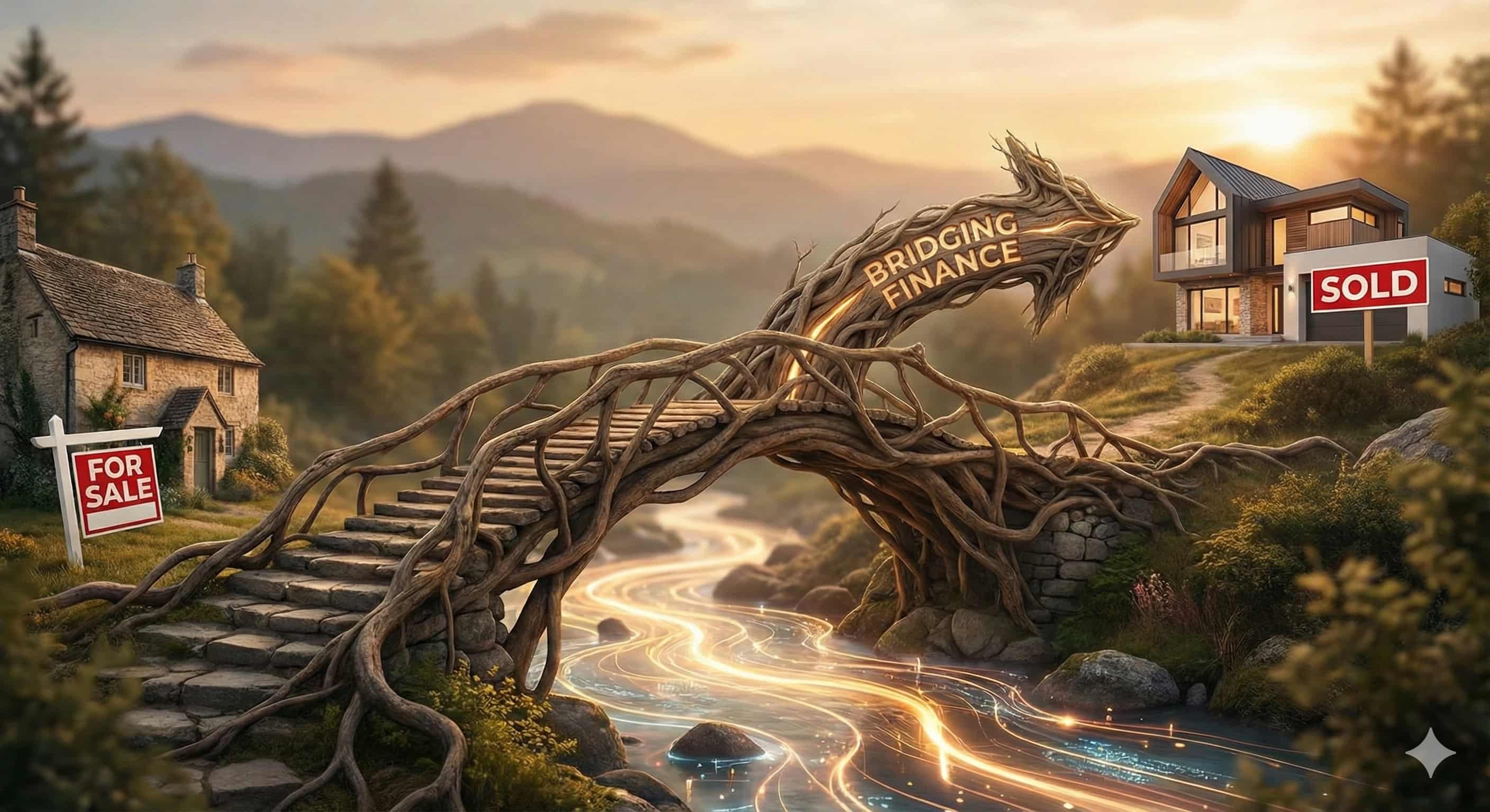 Bridge with house and bank concept, representing bridging finance in Albany WA