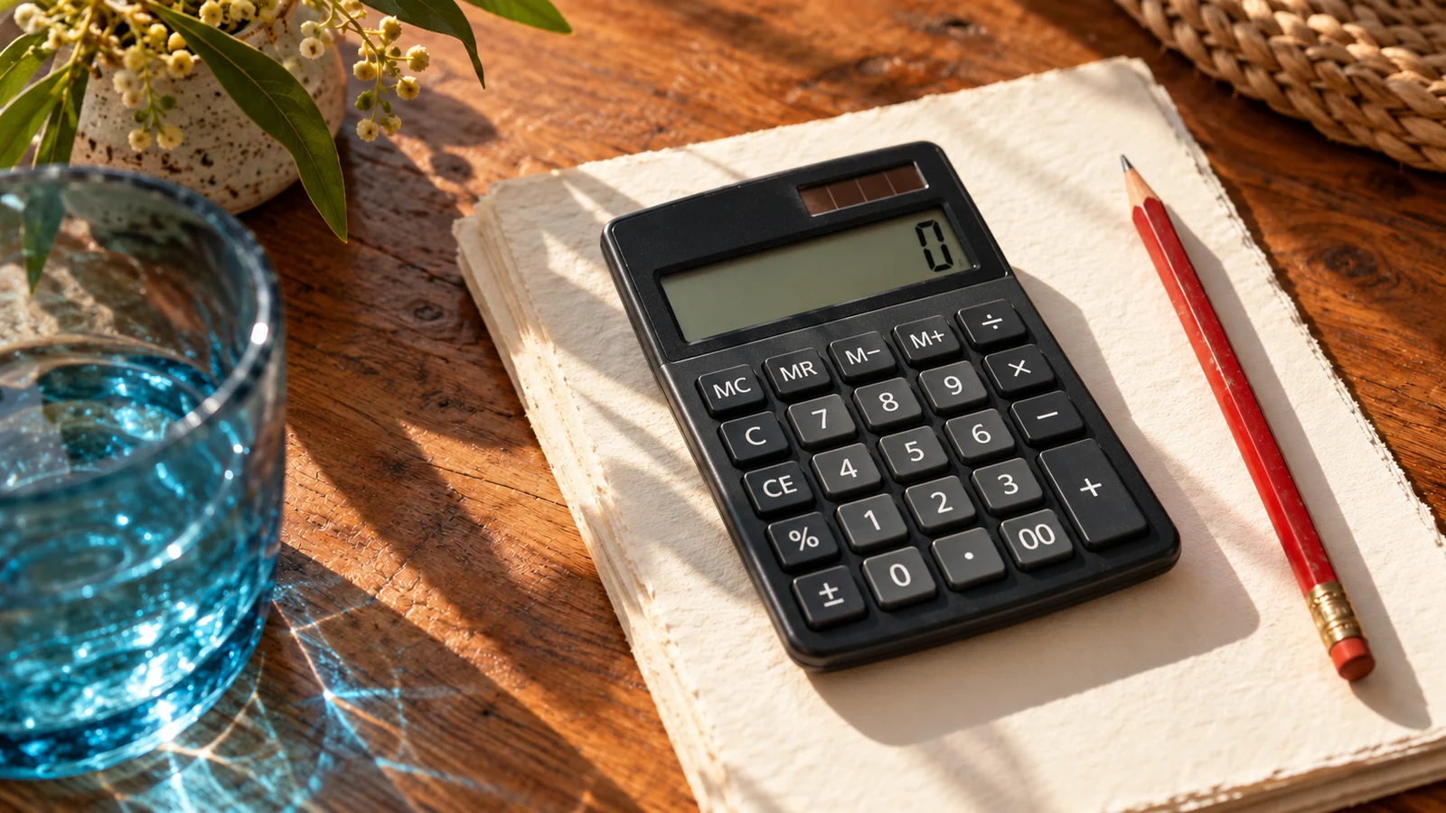 A calculator and red pencil on a notebook beside blue glass.