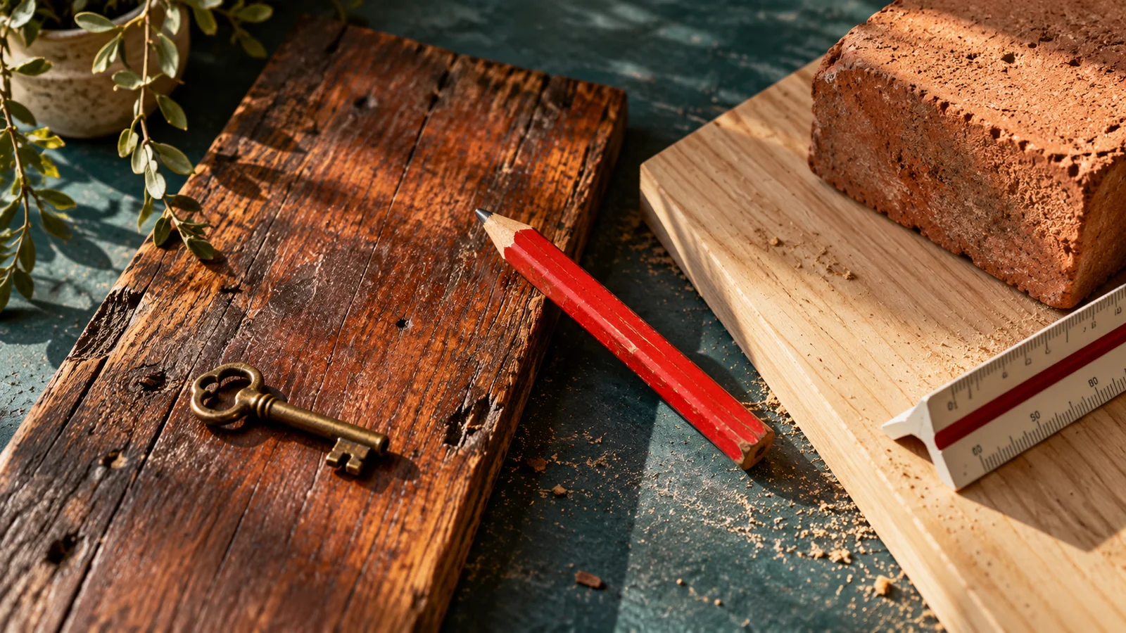 A brass key on aged timber beside fresh timber, a brick and a red pencil.