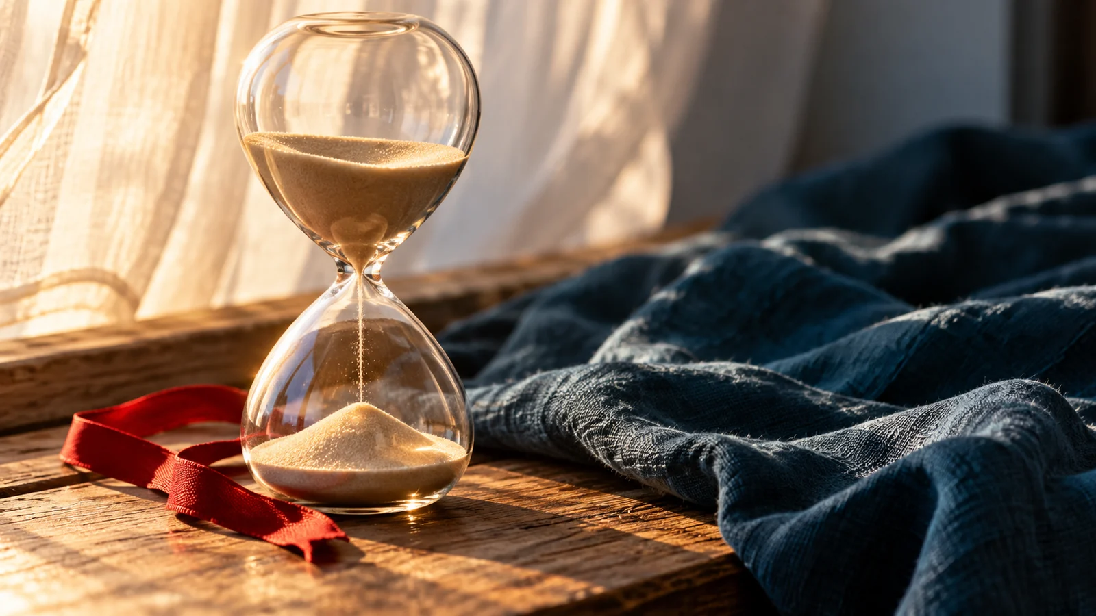 A glass hourglass with falling sand beside deep blue linen and a red ribbon.